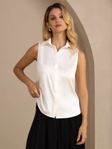[أبيض] SilkSilky-SA Sleeveless Lapel Collar بلايز نسائية 003