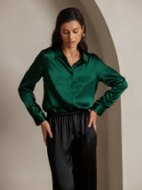 [أخضر غامق] SilkSilky-SA Long Sleeve Lapel Collar بلايز نسائية 003