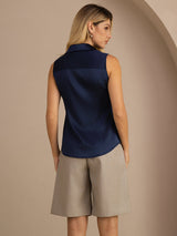 [أزرق غامق] SilkSilky-SA Sleeveless Lapel Collar بلايز نسائية 002