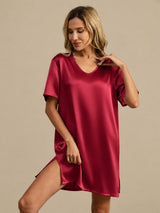 [احمر غامق] SilkSilky-SA Half Sleeve V Neck باس النوم 004