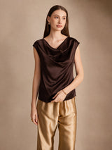 [شوكولاتة داكنة] SilkSilky-SA Cap Sleeve Cowl Neck تي شيرت نسائية 001
