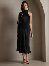 [أسود] SilkSilky-SA Sleeveless Tie Neck فساتين نسائية 005