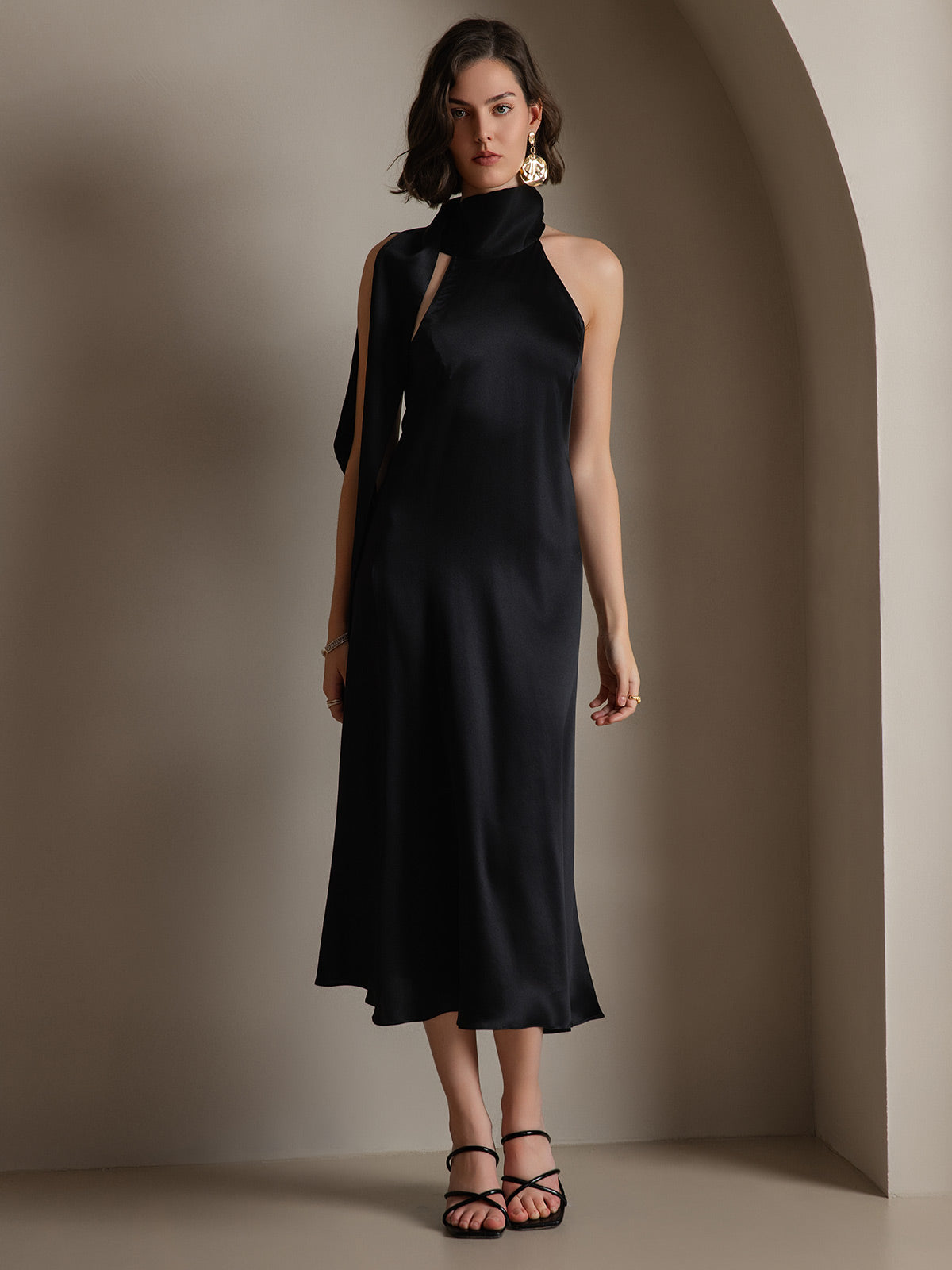 [أسود] SilkSilky-SA 19Momme الحرير بدون أكمام تعادل الرقبة فساتين نسائية 005