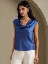 [أزرق بترولي حقيقي] SilkSilky-SA Cap Sleeve Cowl Neck تي شيرت نسائية 001