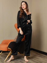 [أسود] SilkSilky-SA Long Sleeve Lapel Collar طقم بيجامة نسائي 006