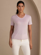 [لافندر] SilkSilky-SA Short Sleeve V Neck تي شيرت نسائية 001