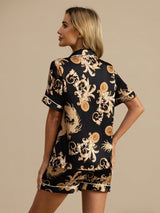 [التنين الأسود] SilkSilky-SA Short Sleeve Lapel Collar طقم بيجامة نسائي 002