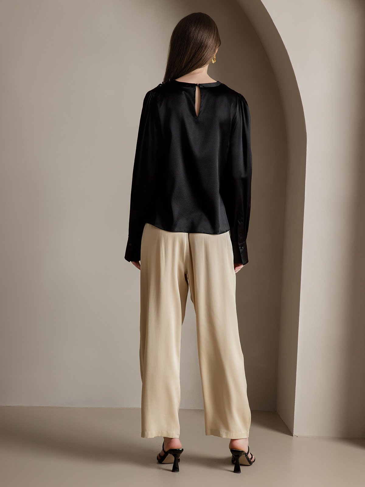 [أسود] SilkSilky-SA 19Momme الحرير Womens Shirt 002