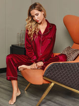 [خمر] SilkSilky-SA Long Sleeve Lapel Collar طقم بيجامة نسائي 001