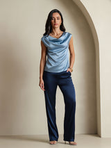 [أزرق رمادي] SilkSilky-SA Cap Sleeve Cowl Neck تي شيرت نسائية 005