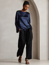 [أزرق غامق] SilkSilky-SA Long Sleeve Boat Neck بلوزة 004
