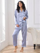 [الأزرق الصلب] SilkSilky-SA Long Sleeve Lapel Collar طقم بيجامة نسائي 001