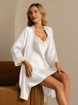 [أبيض] SilkSilky-SA 3/4 Sleeve V Neck رداء الحمام وقميص النوم 004
