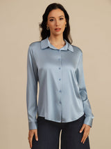 [أزرق رمادي] SilkSilky-SA Long Sleeve Lapel Collar بلايز نسائية 003
