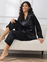 [أسود] SilkSilky-SA Long Sleeve Lapel Collar طقم بيجامة نسائي 001