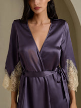 [رمادي أرجواني] SilkSilky-SA 3/4 Sleeve V Neck رداء الحمام وقميص النوم 004
