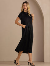 [أسود] SilkSilky-SA Short Sleeve Round Neck فساتين نسائية 001