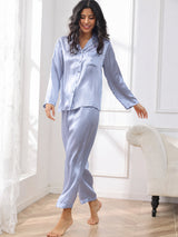 [الأزرق الصلب] SilkSilky-SA Long Sleeve Lapel Collar طقم بيجامة نسائي 004
