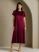 [احمر غامق] SilkSilky-SA Short Sleeve Crew Neck فساتين نسائية 001
