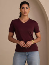 [خمر] SilkSilky-SA Short Sleeve V Neck تي شيرت نسائية 004