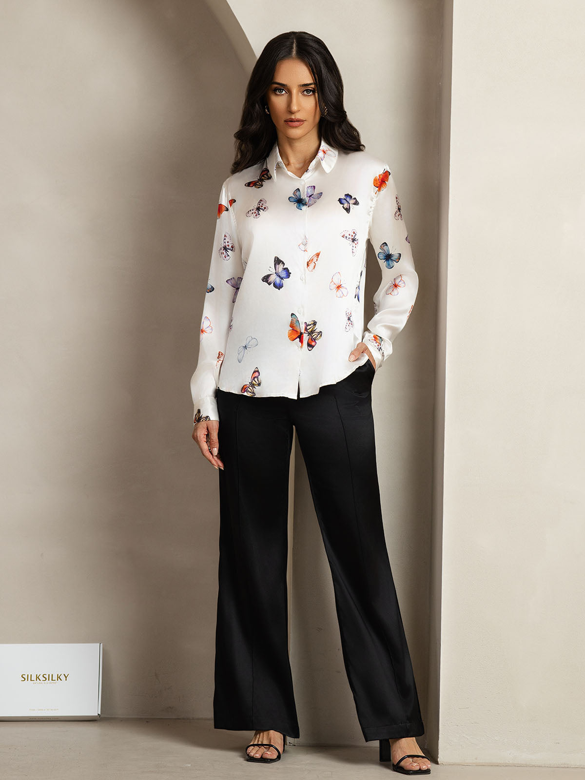 [فراشة بيضاء] SilkSilky-SA الحرير Lapel Collar بلايز نسائية 003