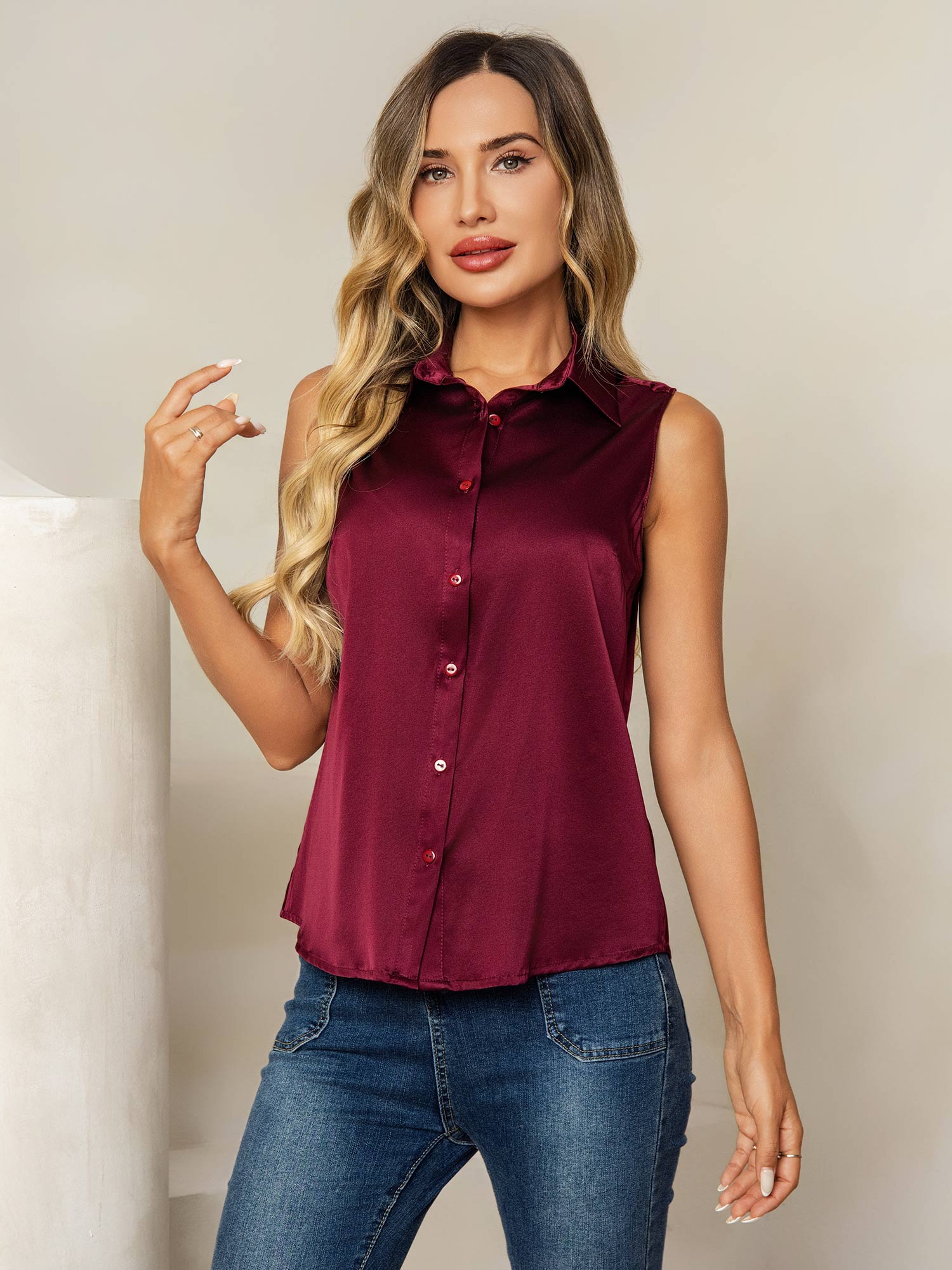 [احمر غامق] SilkSilky-SA 19Momme الحرير Lapel Collar بلايز نسائية 001