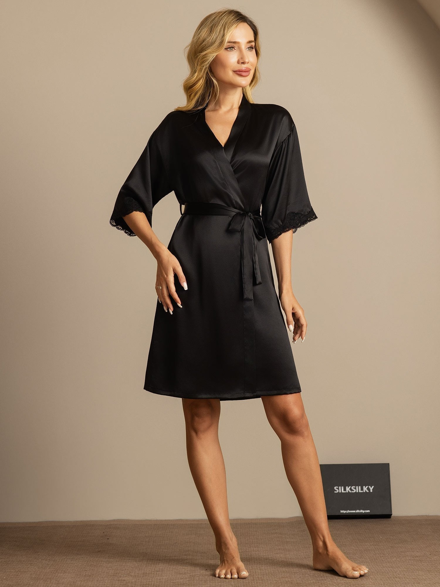 [أسود] SilkSilky-SA الحرير الخالص Womens Robe 006