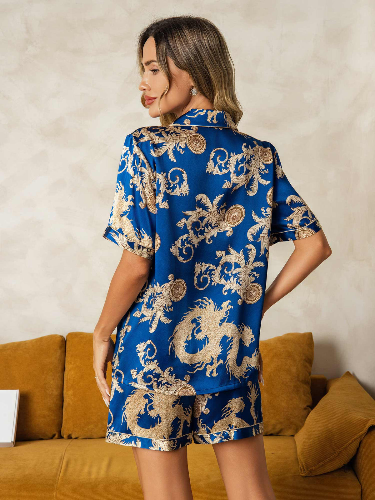 [تنين نيفي] SilkSilky-SA Short Sleeve Lapel Collar طقم بيجامة نسائي 002
