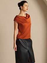 [الكراميل] SilkSilky-SA Cap Sleeve Cowl Neck تي شيرت نسائية 006