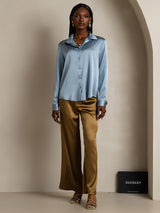 [أزرق رمادي] SilkSilky-SA Long Sleeve Lapel Collar بلايز نسائية 006