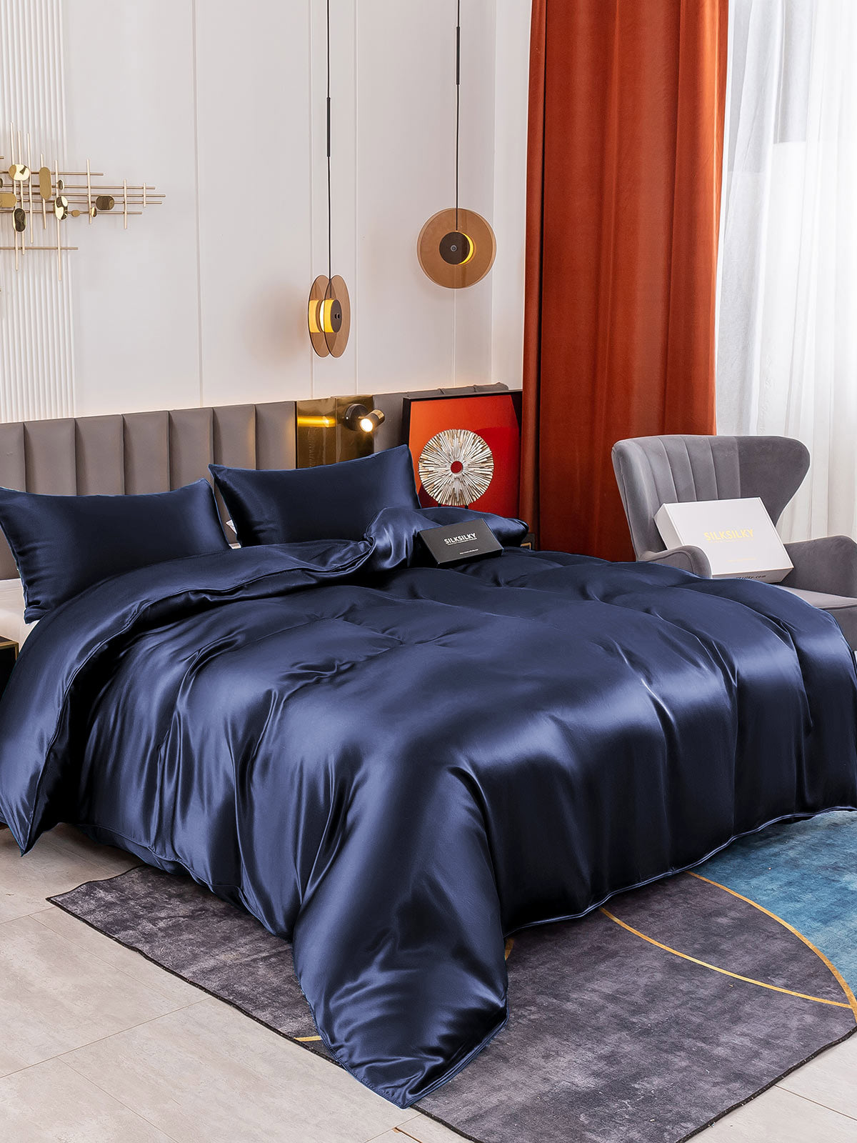 SilkSilky SA 19Momme الحرير الخالص Bedding Set أزرقغامق 001