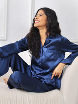 [أزرق غامق] SilkSilky-SA Long Sleeve Lapel Collar طقم بيجامة نسائي 001