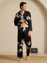 [أسود] SilkSilky-SA Long Sleeve Lapel Collar بيجامة رجالية 008