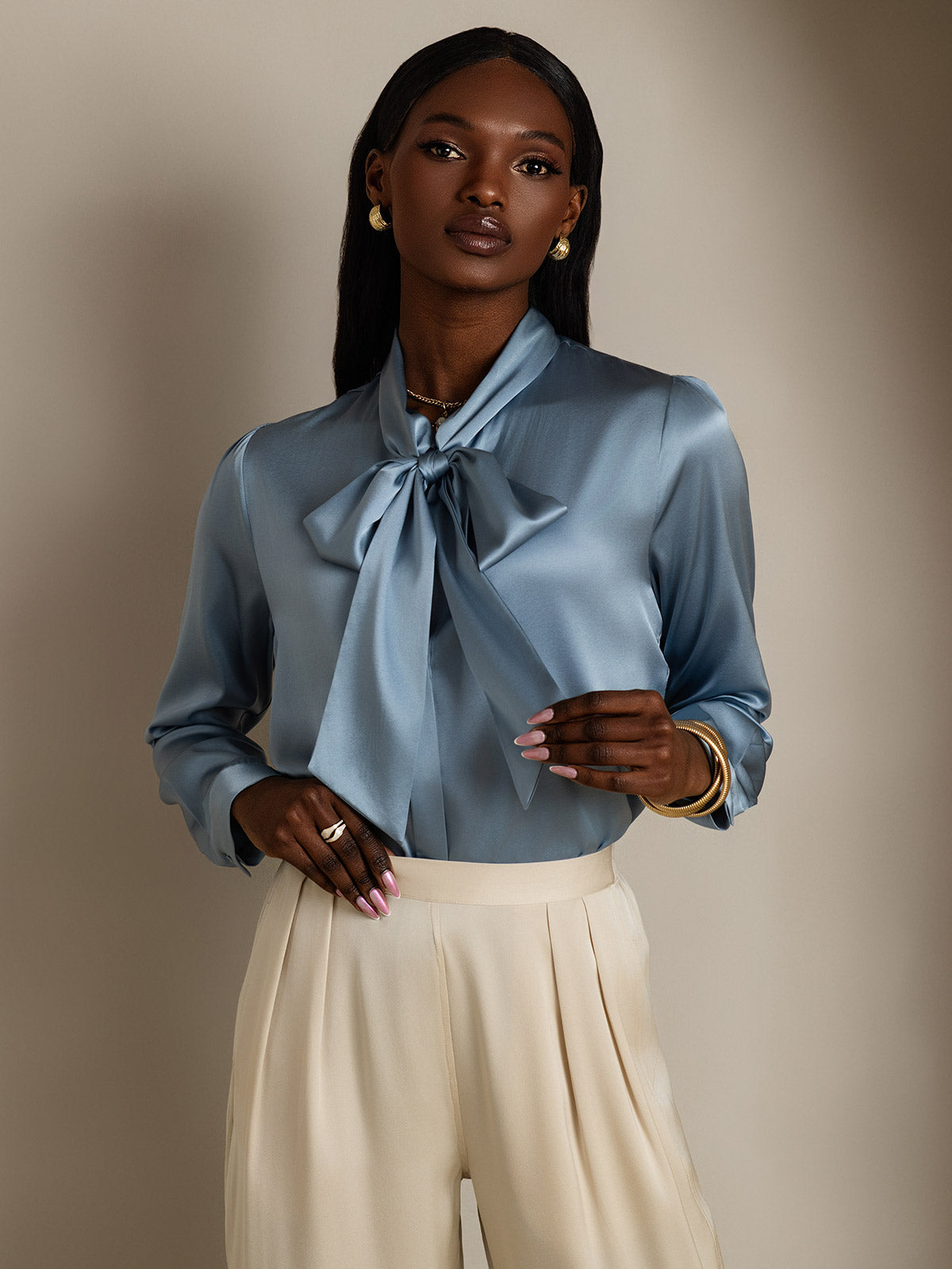 [أزرق رمادي] SilkSilky-SA 19Momme الحرير الأكمام الطويلة Blouse 003