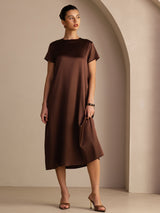 [شوكولاتة داكنة] SilkSilky-SA Short Sleeve Round Neck فساتين نسائية 004