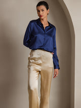 [أزرق غامق] SilkSilky-SA Long Sleeve Lapel Collar بلايز نسائية 001