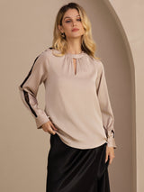 [تان (بني فاتح)] SilkSilky-SA Long Sleeve Keyhole Neck بلوزات نسائية 001