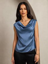 [أزرق بترولي حقيقي] SilkSilky-SA Cap Sleeve Cowl Neck تي شيرت نسائية 005