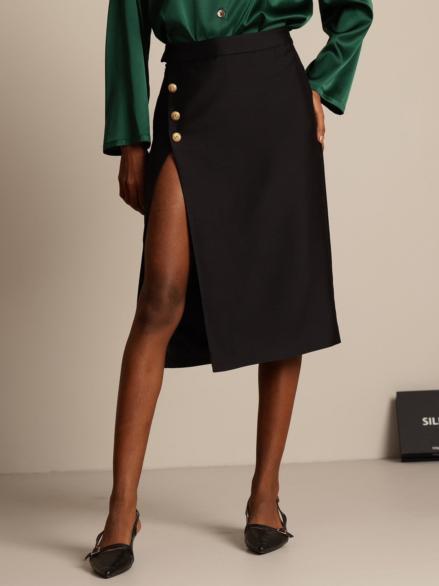 [أسود] SilkSilky-SA 32Momme الحرير Split تنانير نسائية 001,