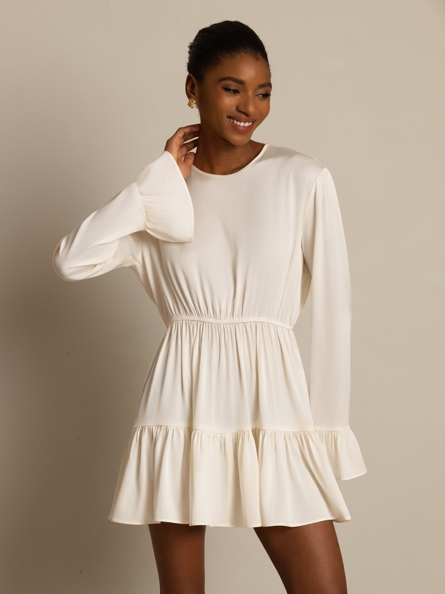 [لؤلؤة البحر] SilkSilky-SA 19Momme الحرير الأكمام الطويلة رقبة مستديرة فساتين نسائية 004