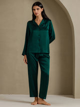 [أخضر غامق] SilkSilky-SA Long Sleeve Lapel Collar طقم بيجامة نسائي 001
