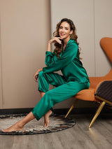 [أخضر] SilkSilky-SA Long Sleeve Lapel Collar طقم بيجامة نسائي 005