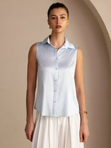 [أزرق فاتح] SilkSilky-SA Sleeveless Lapel Collar بلايز نسائية 001