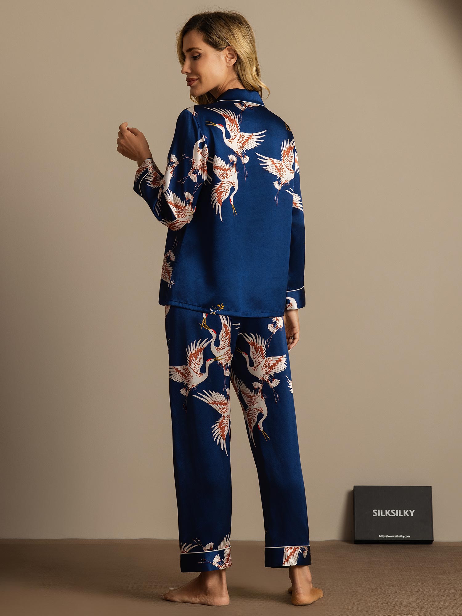 [أزرق غامق] SilkSilky-SA 19Momme الحرير الخالص Notch Collar طقم بيجامة نسائي 008,