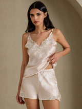 [اللون البيج] SilkSilky-SA Sleeveless V Neck مجموعة قميص قصير 006