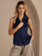 [أزرق غامق] SilkSilky-SA Sleeveless Lapel Collar بلايز نسائية 005