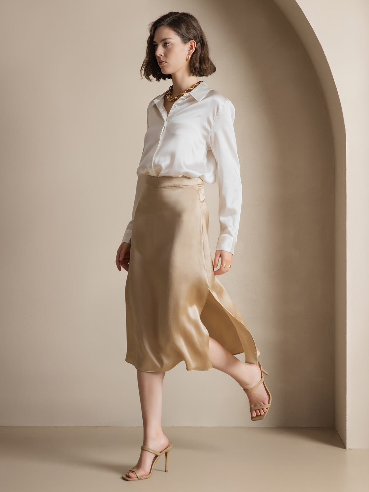 [أبيض] SilkSilky-SA الحرير الأكمام الطويلة الياقة بلايز نسائية 006