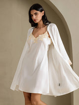 [أبيض] SilkSilky-SA 3/4 Sleeve V Neck رداء الحمام وقميص النوم 003