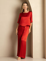 [خمر] SilkSilky-SA Half Sleeve Round Neck طقم بيجامة نسائي 006