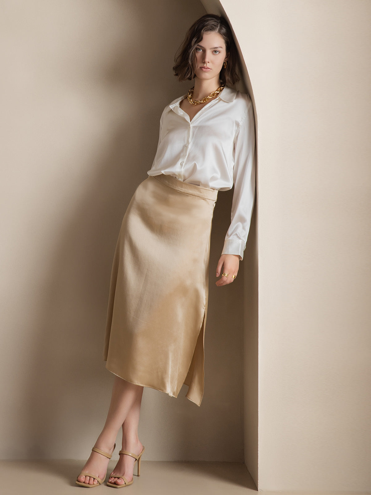 [أبيض] SilkSilky-SA الحرير الأكمام الطويلة الياقة بلايز نسائية 005